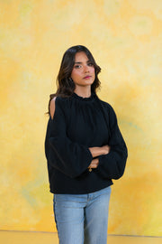 Ruffle Neck Cut Out Top