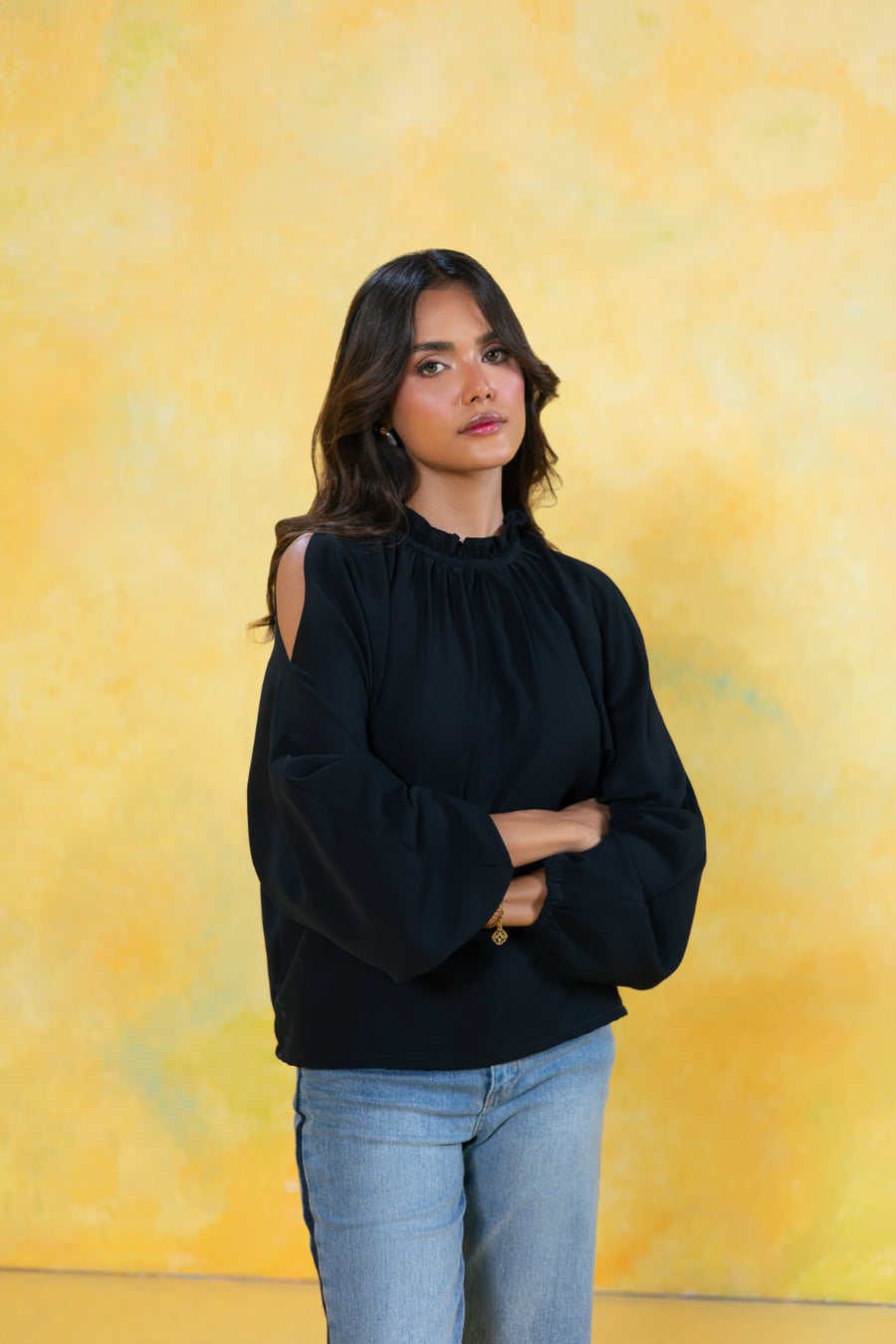 Ruffle Neck Cut Out Top