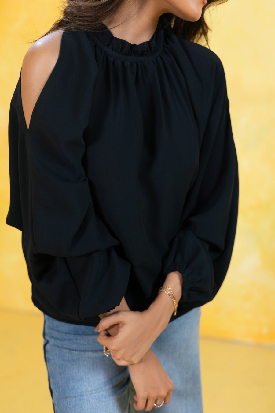 Ruffle Neck Cut Out Top