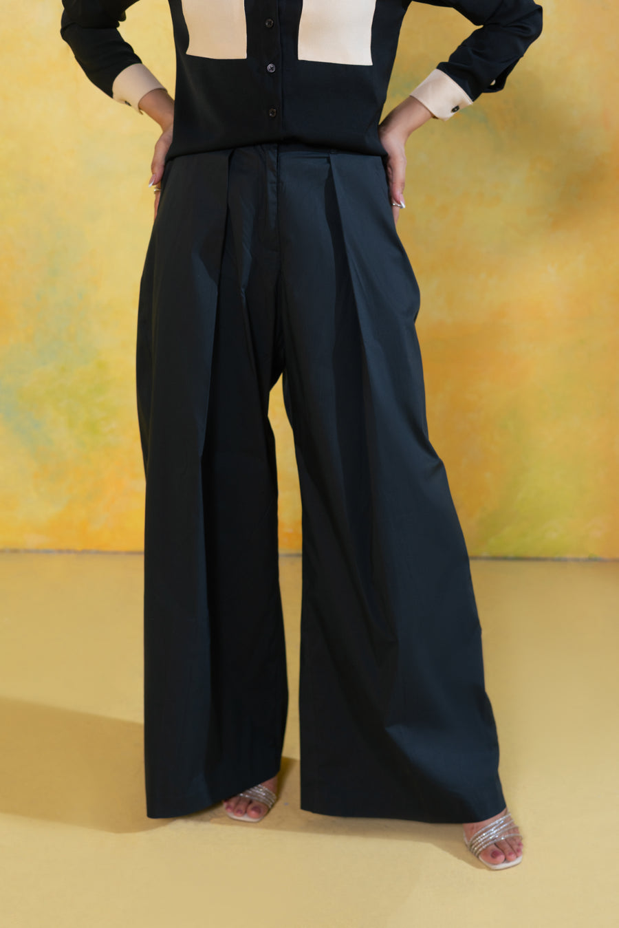 Pleated Cotton Wide Leg Trousers
