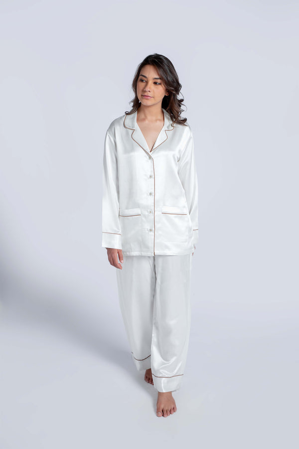 night dress for ladies White Satin Pyjama Set – 4andco fits waist around 64 Chloe Denim Dress Size Size:L (MADE-TO-ORDER) Colour Family: