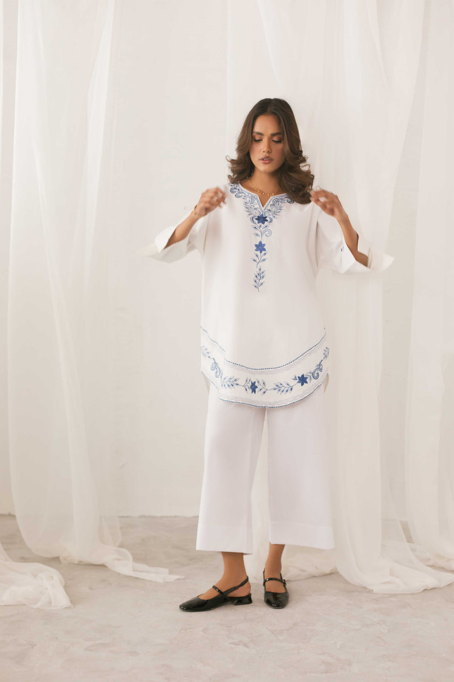 White & Blue Embroidery Kurti