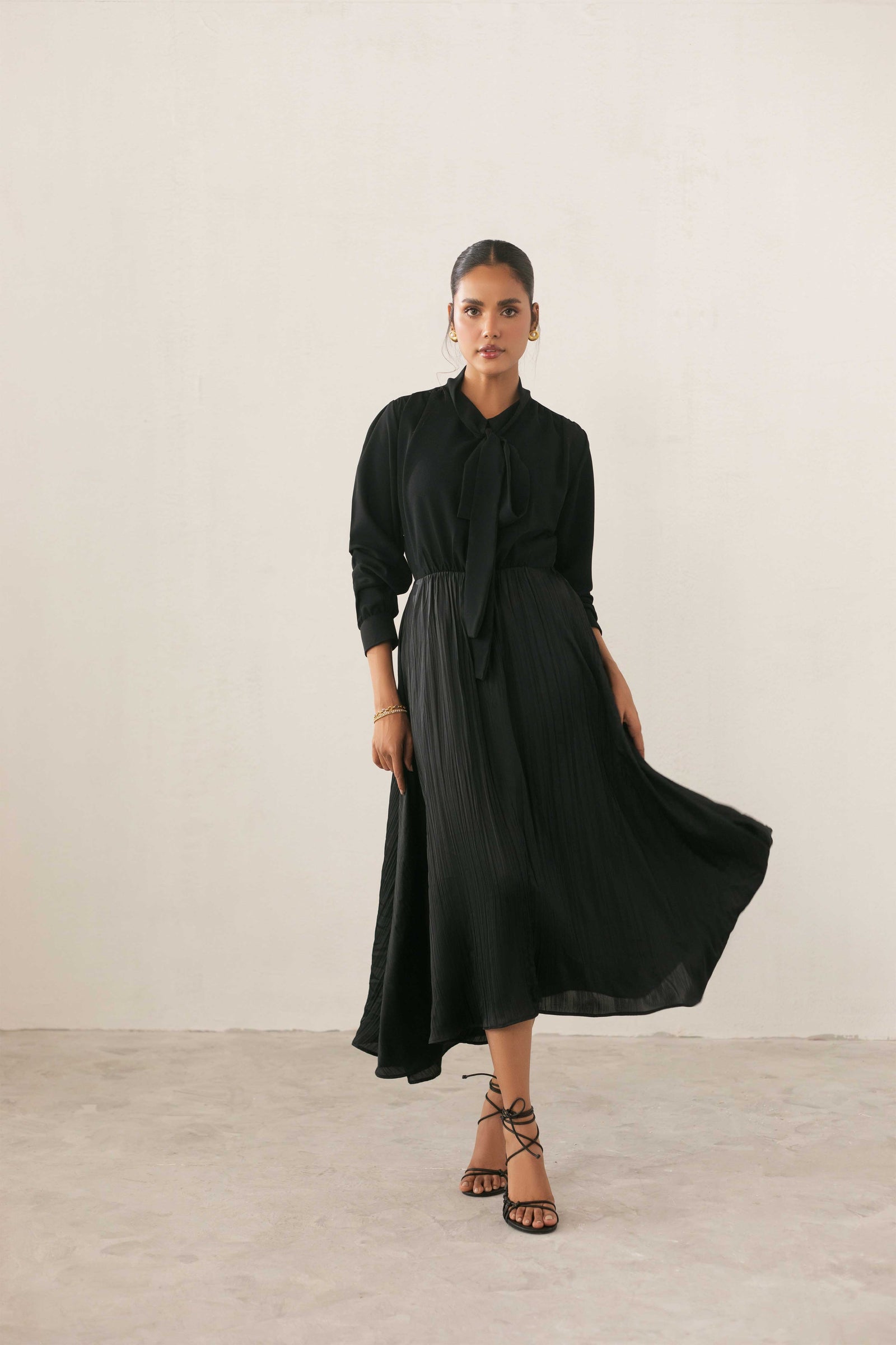 Black Tie-Neck Pleated Dress