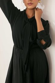 Black Tie-Neck Pleated Dress