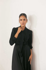 Black Tie-Neck Pleated Dress