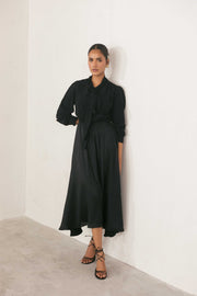 Black Tie-Neck Pleated Dress