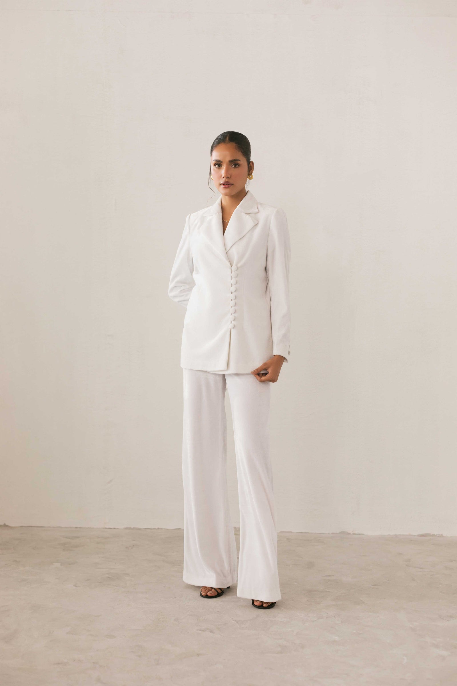 White Button Detail Velvet Blazer