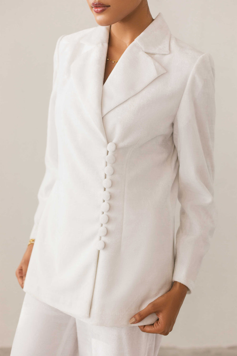 White Button Detail Velvet Blazer