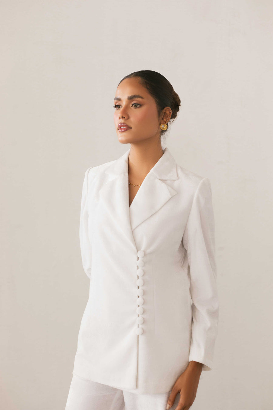 White Button Detail Velvet Blazer