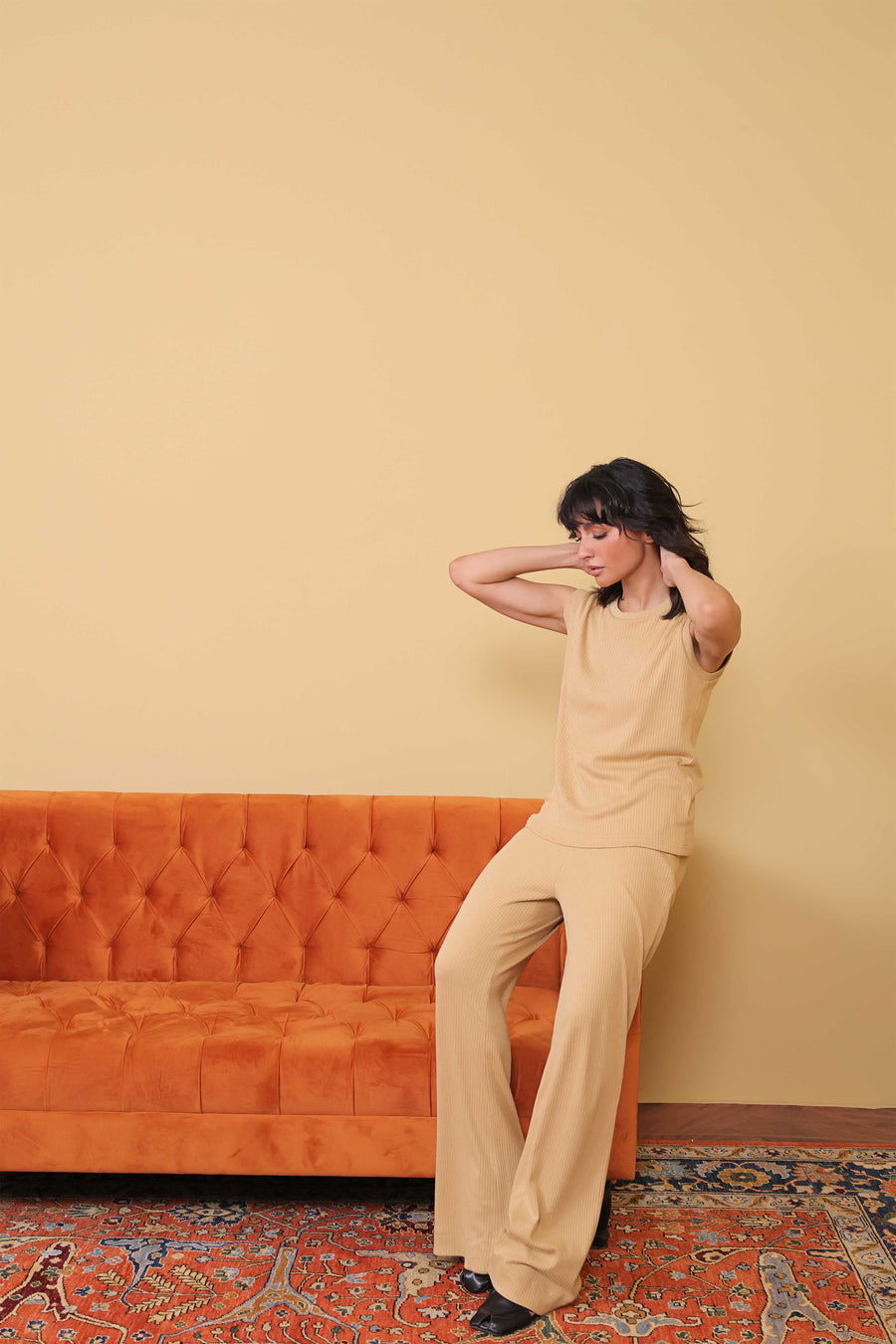 Camel Beige Rib Knit Top