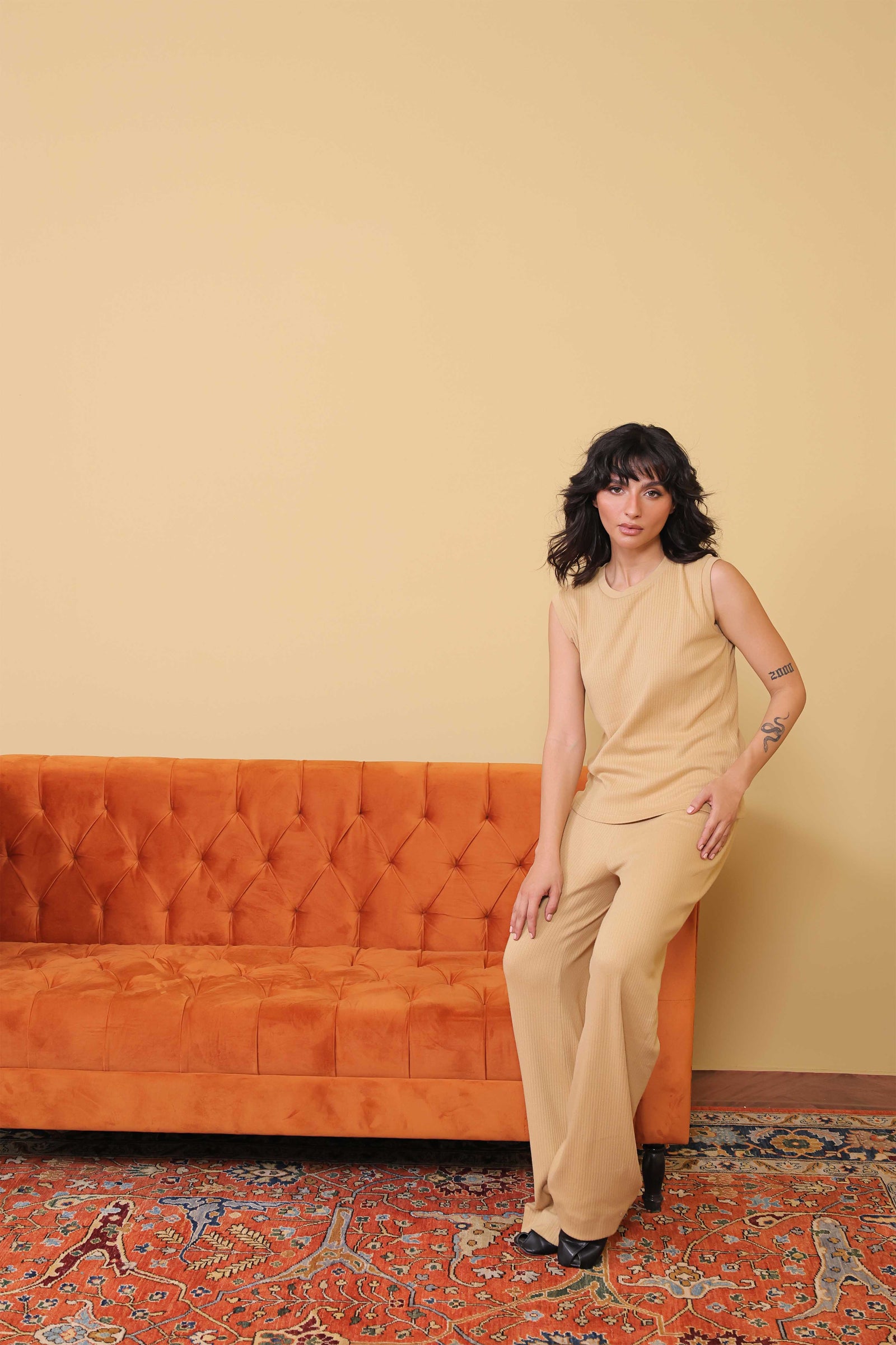 Camel Beige Rib Knit Top