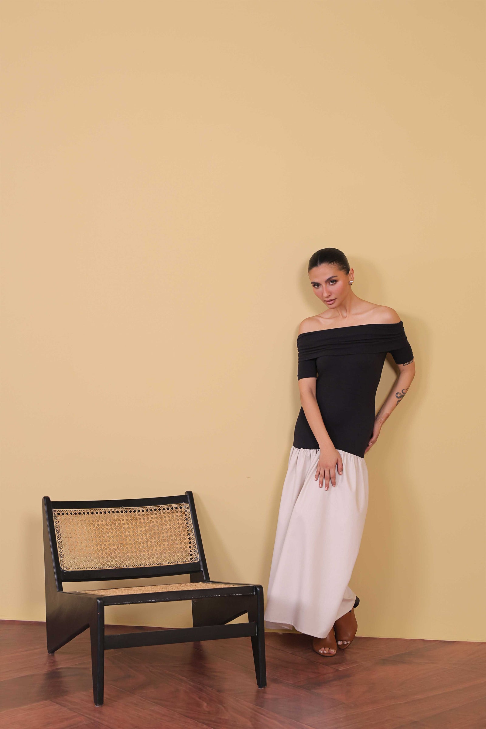 Off-Shoulder Contrast Maxi