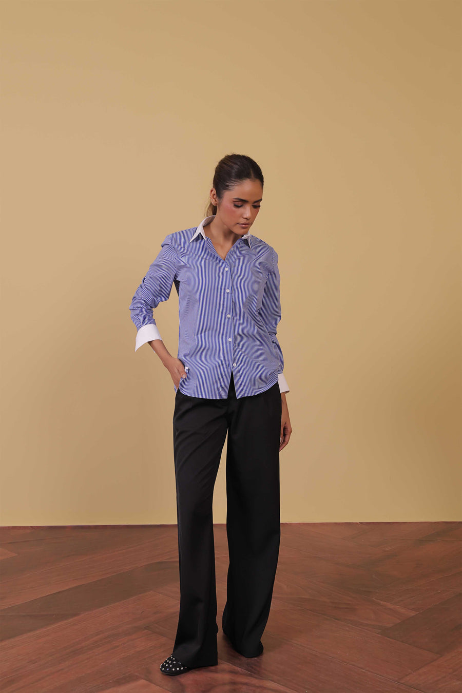 Pinstripe Contrast Collar Shirt
