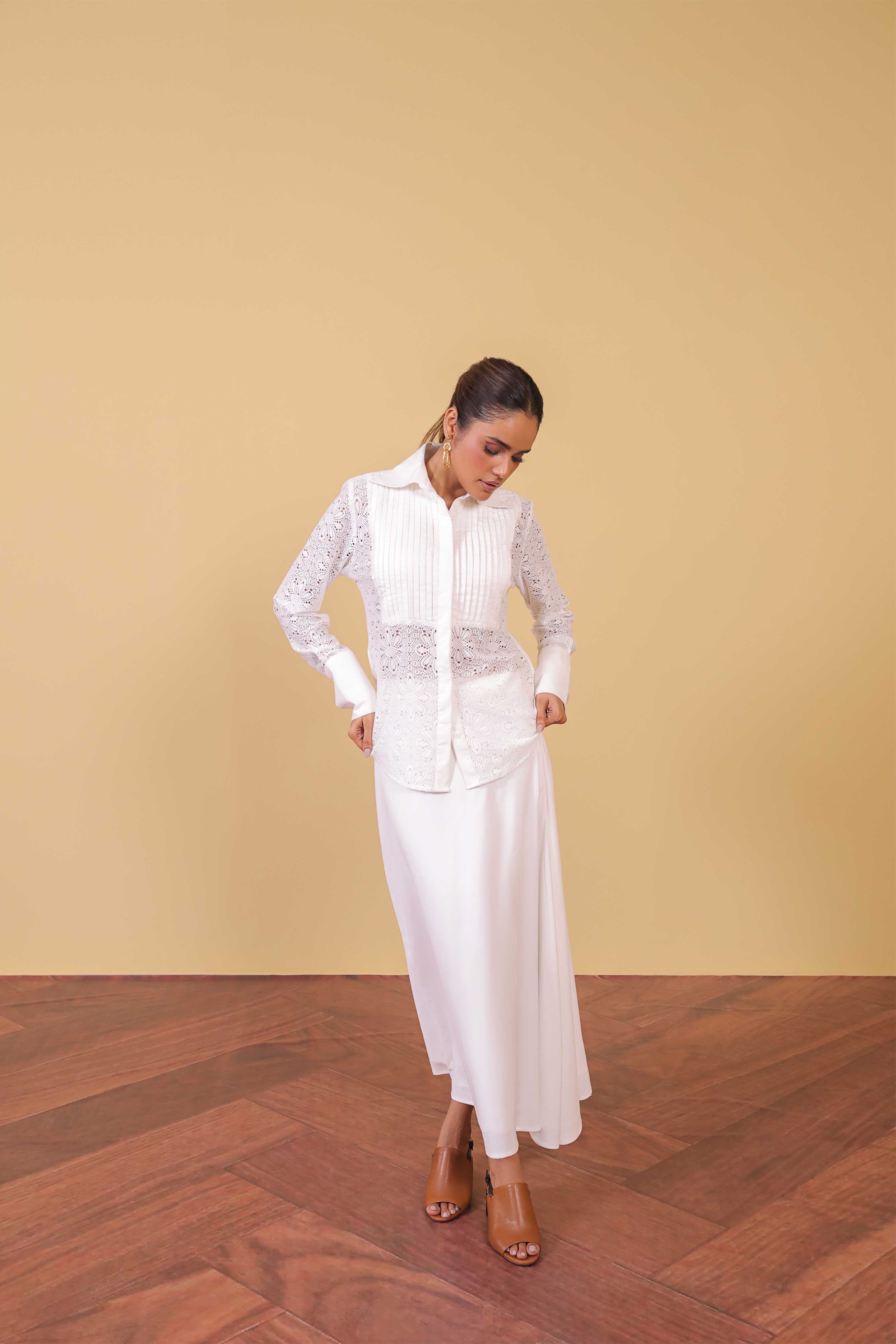 Lace Panel Pintuck Shirt