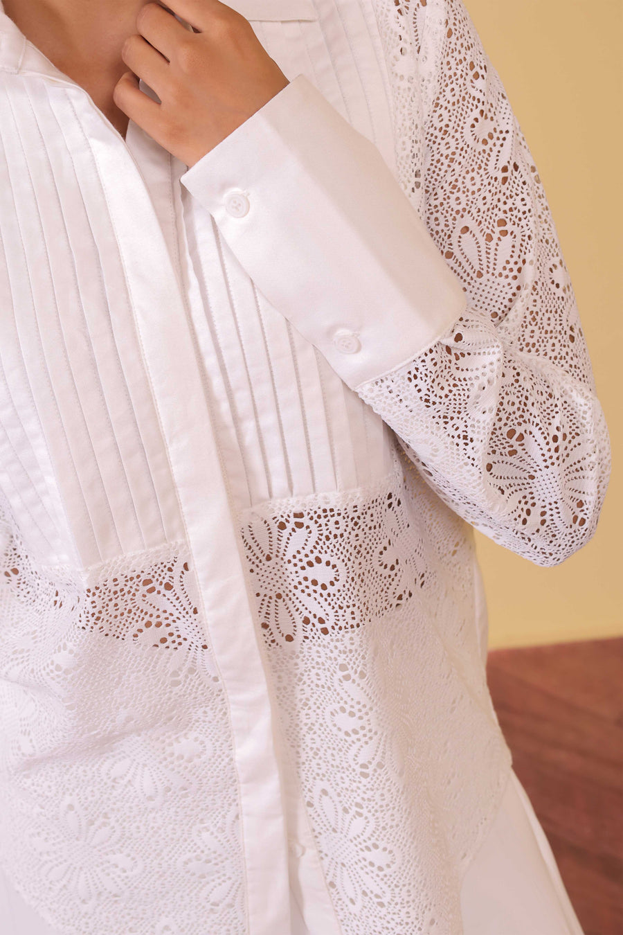 Lace Panel Pintuck Shirt