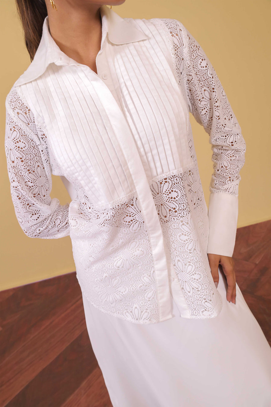 Lace Panel Pintuck Shirt