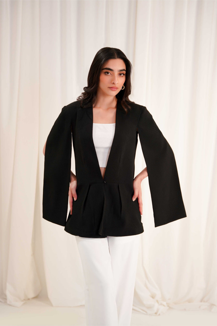 Black Textured Cape Blazer – 4andco - Main Image