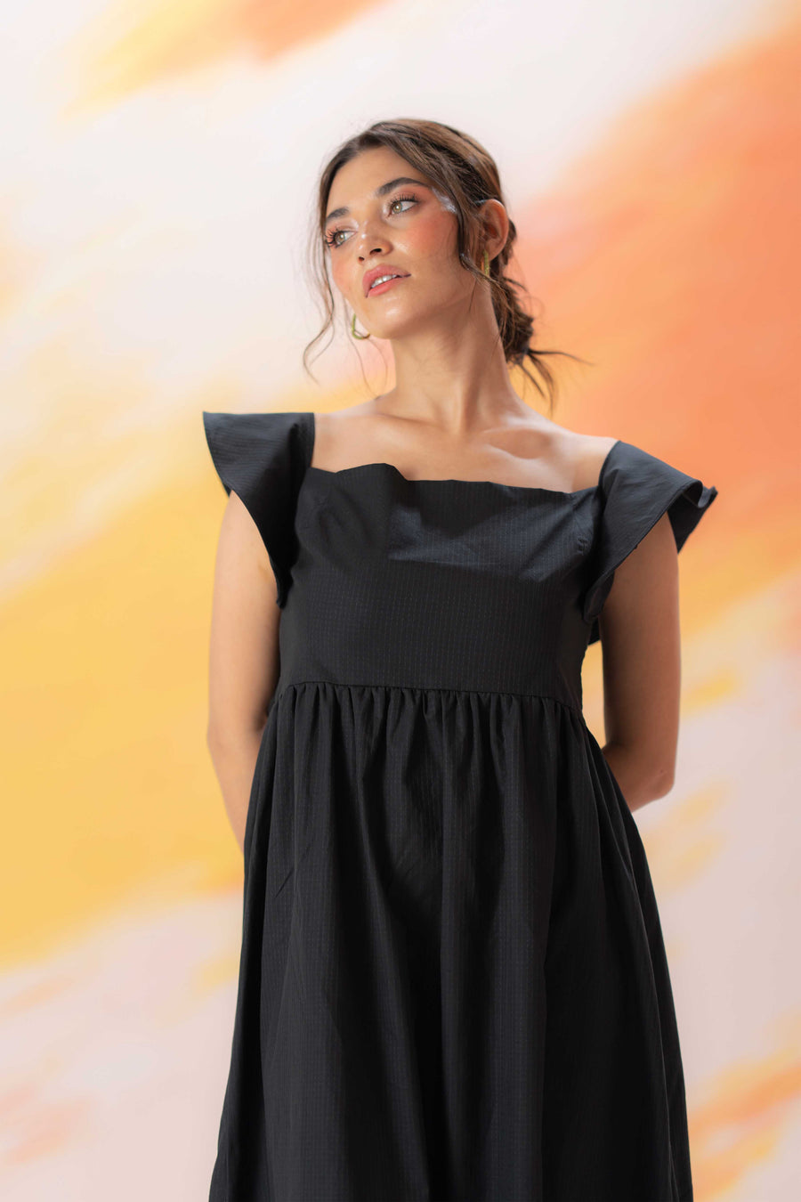 Black Textured Ruffle Sleeve Dress