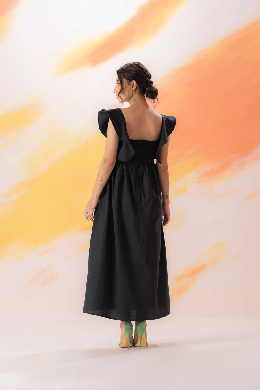 Black Textured Ruffle Sleeve Dress – 4andco - Main Image