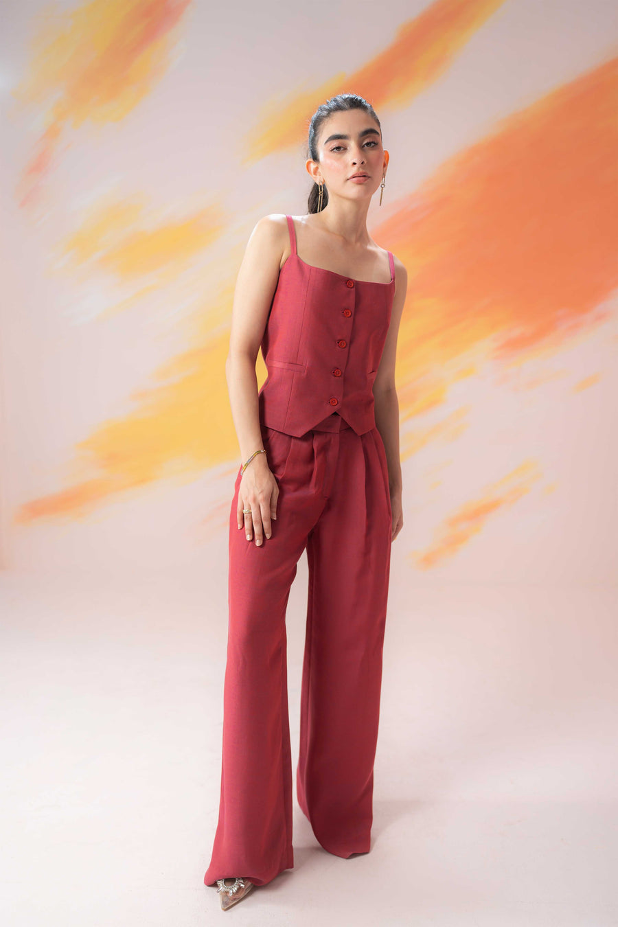 Red Pleated Flared Trouser