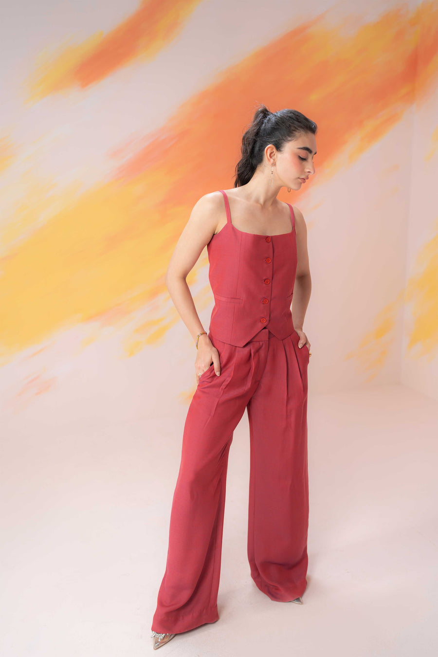 Red Pleated Flared Trouser