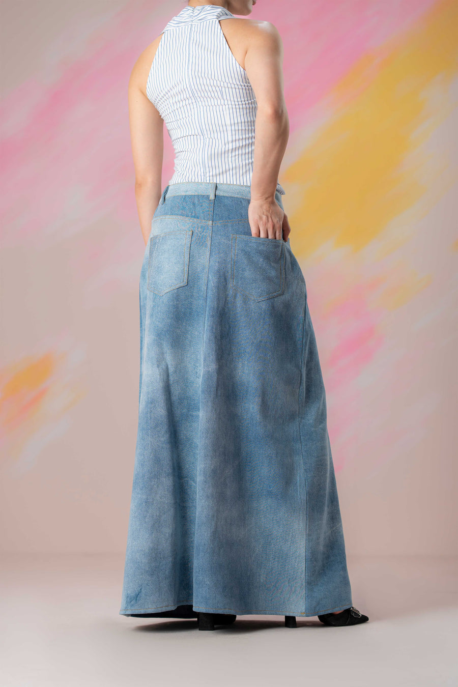 Distressed Maxi Denim Skirt