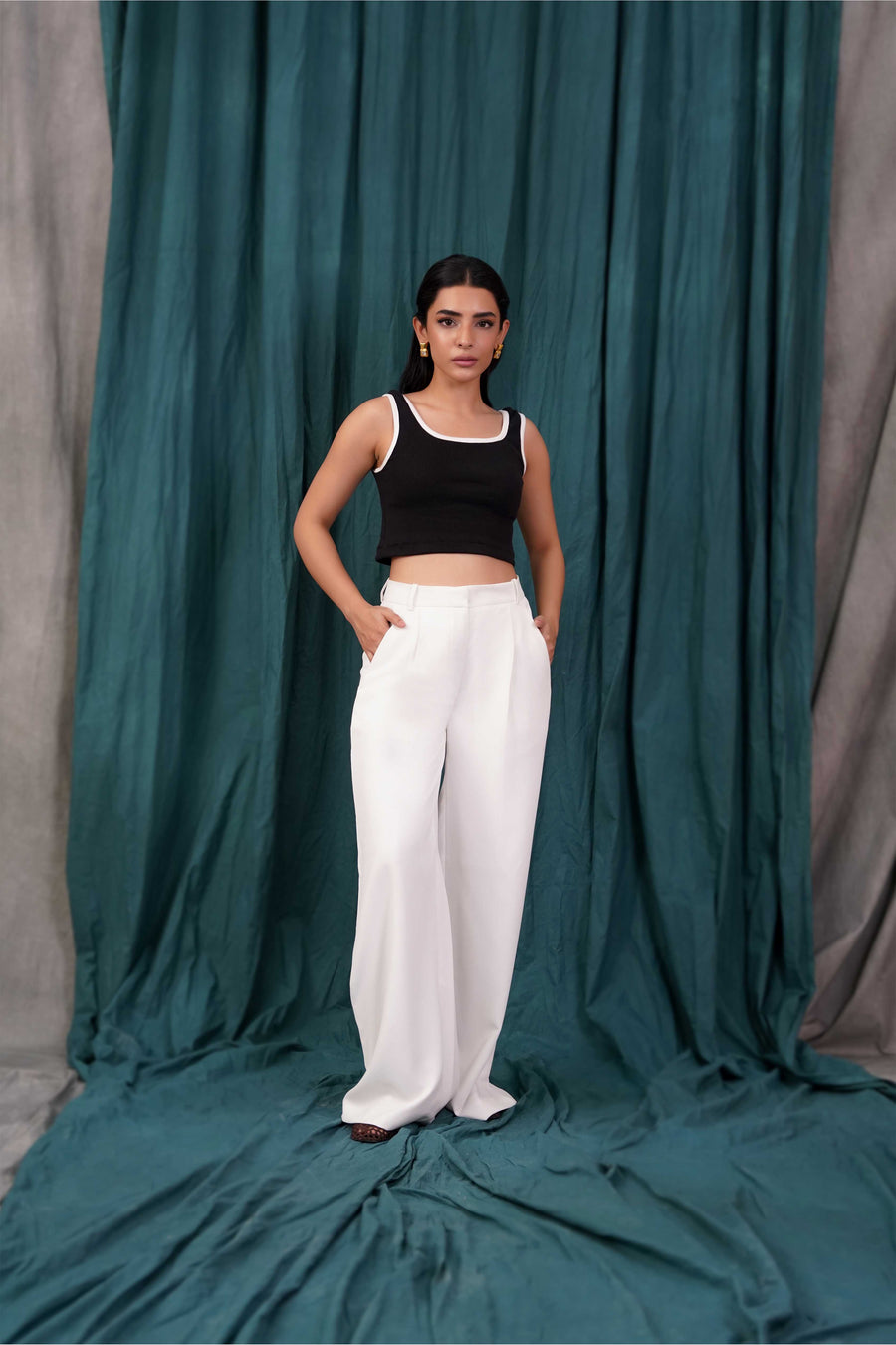 White Pleated Wide Leg Trouser