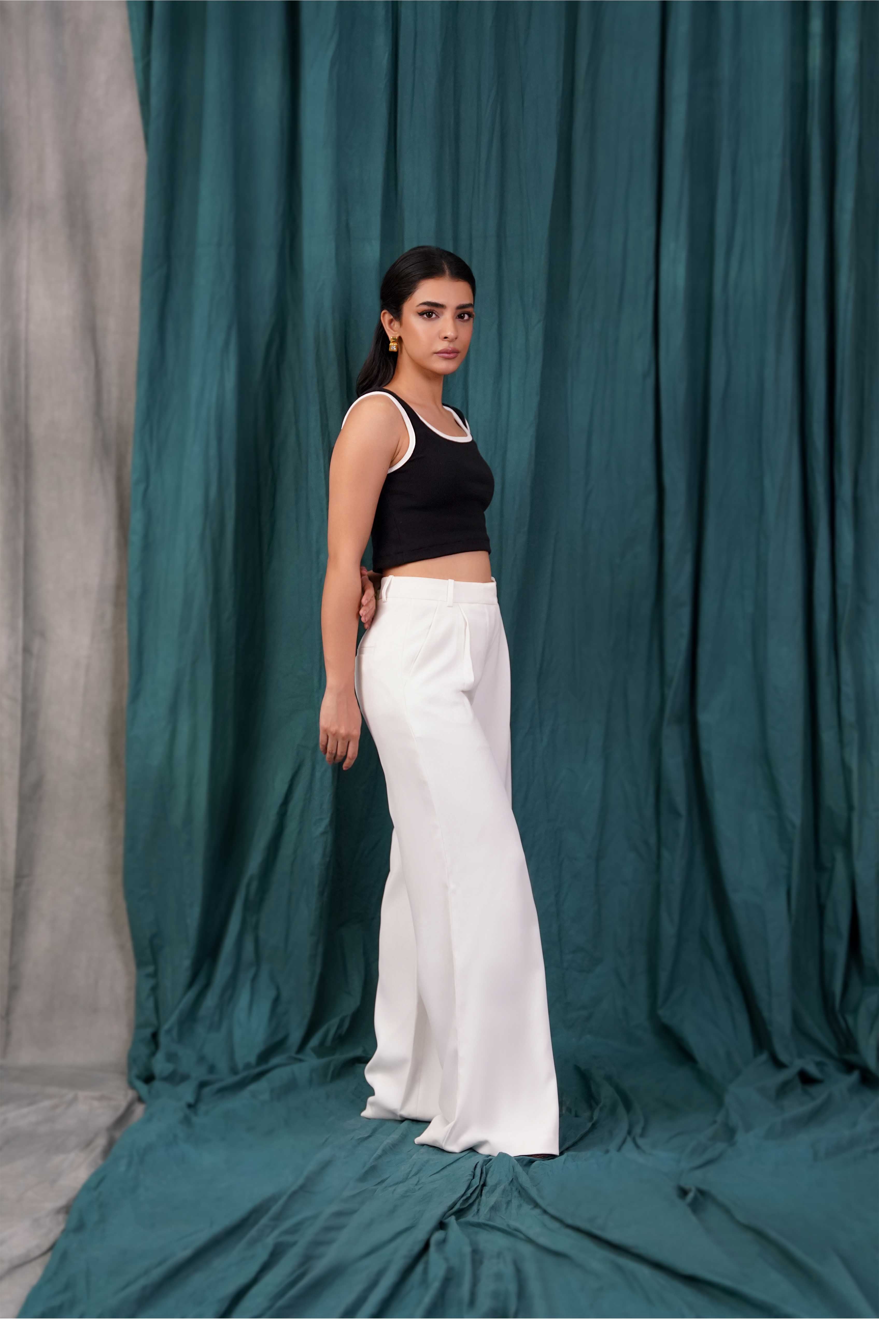 White Pleated Wide Leg Trouser